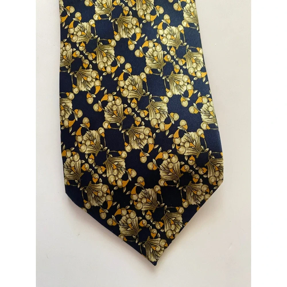 Laurant Benon Paris Mens Silk Tie Navy Blue Gold Floral Art Nouveau Pattern